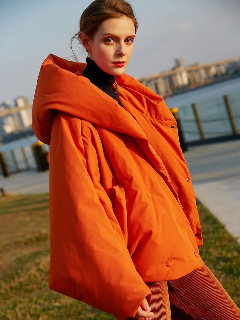Women's Oversized Fluffy Down Parka - Vibrant Orange Red - Image 4