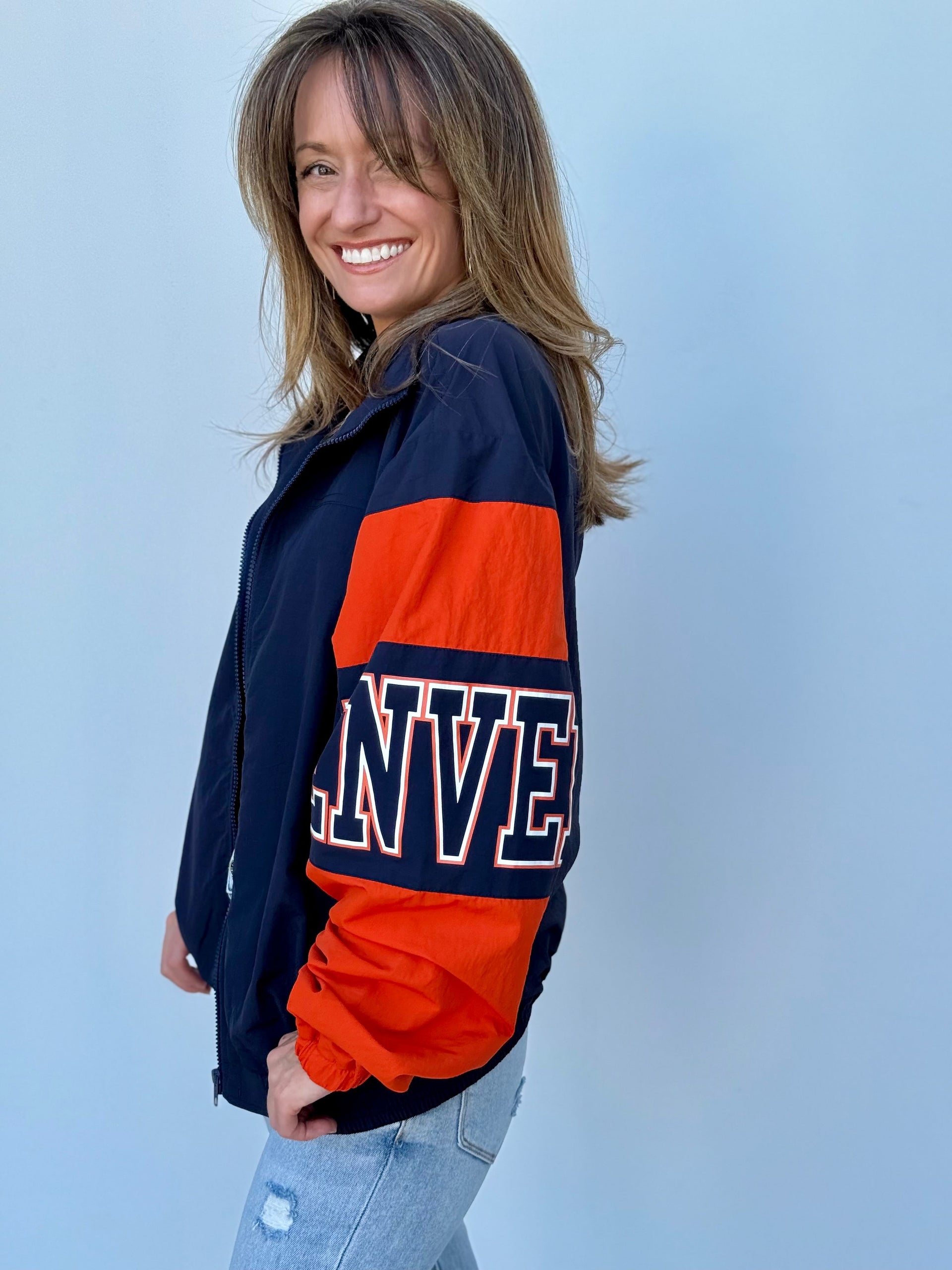 Denver Retro Jacket Women's Navy and Orange Sporty Bomber Zip-Up