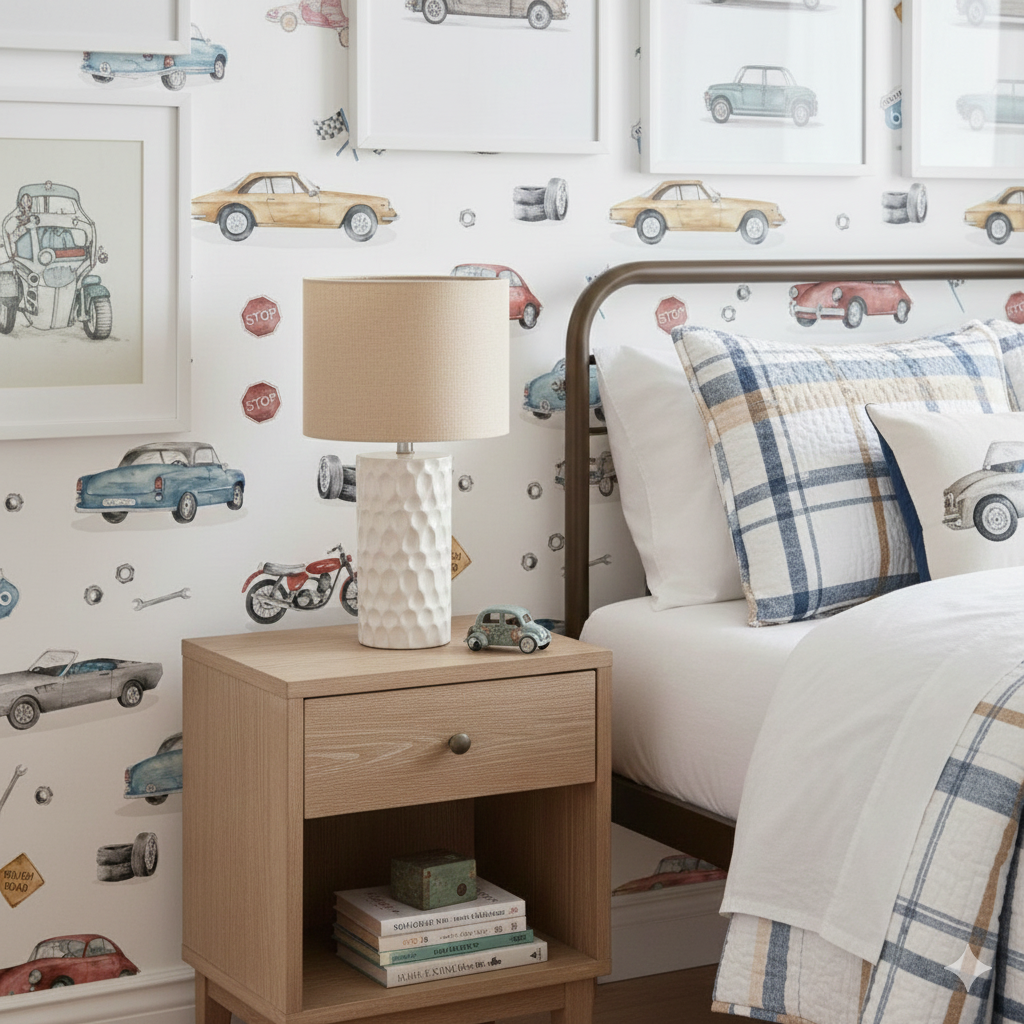 Ford vintage playful pattern wallpaper in red, blue, yellow, and grey colors on a wall