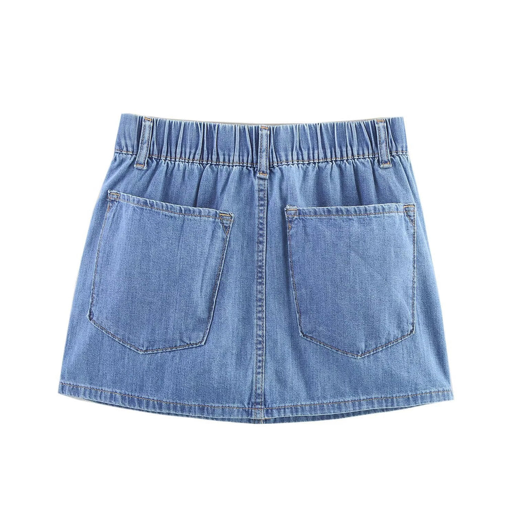 Women's Casual Blue Denim A-Line Mini Skirt with Drawstring - Image 2