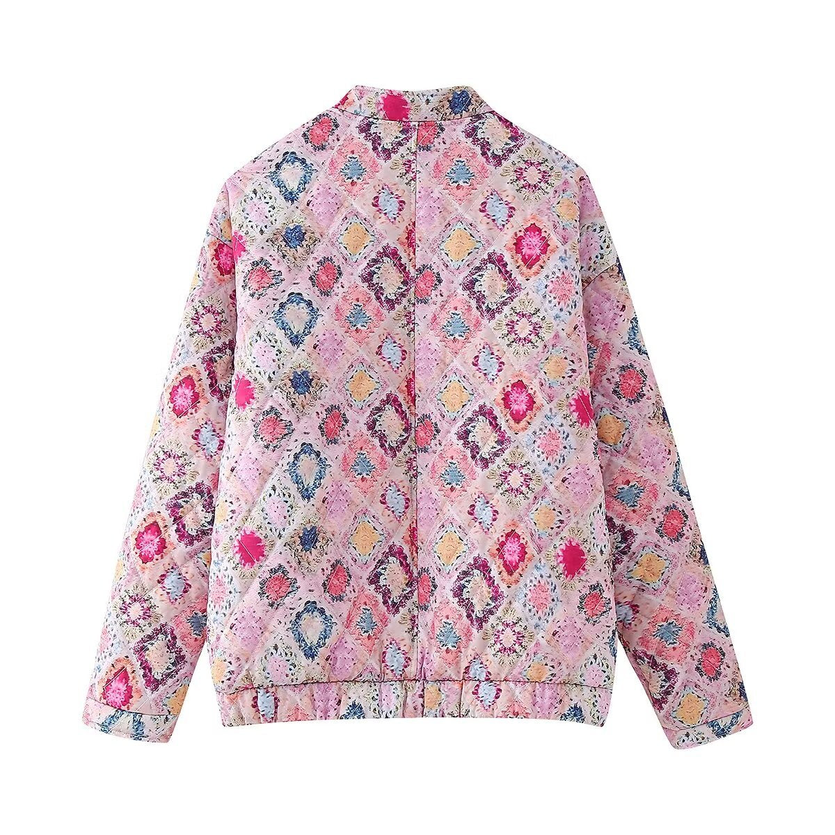 Women's Harajuku Pink Quilted Floral Print Cotton Jacket - Image 4