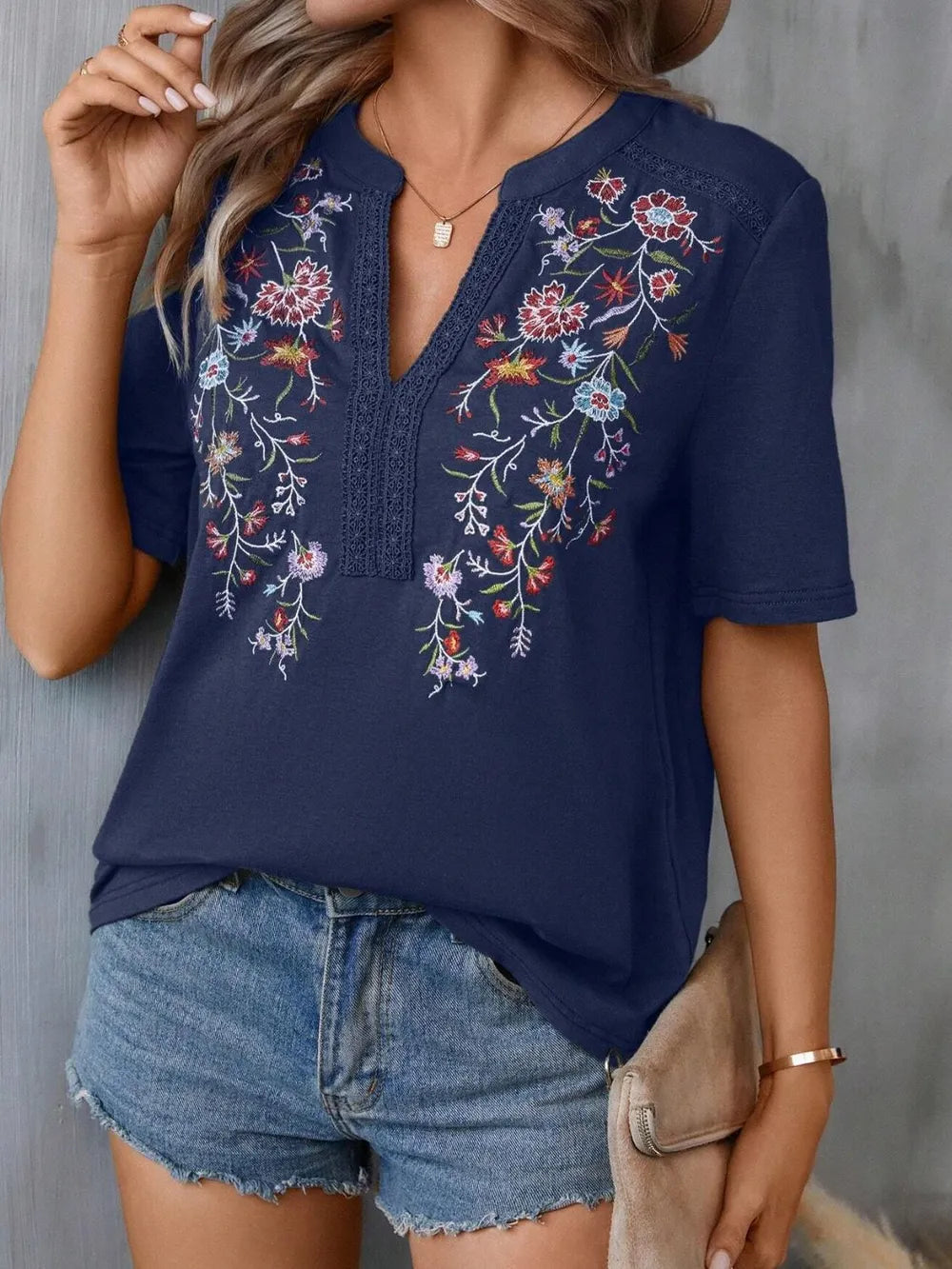 Boho Floral Embroidered Notched V-Neck Lace Trim Top
