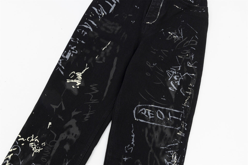 Women's Black Graffiti Print High-Waisted Wide Leg Denim Jeans - Image 4