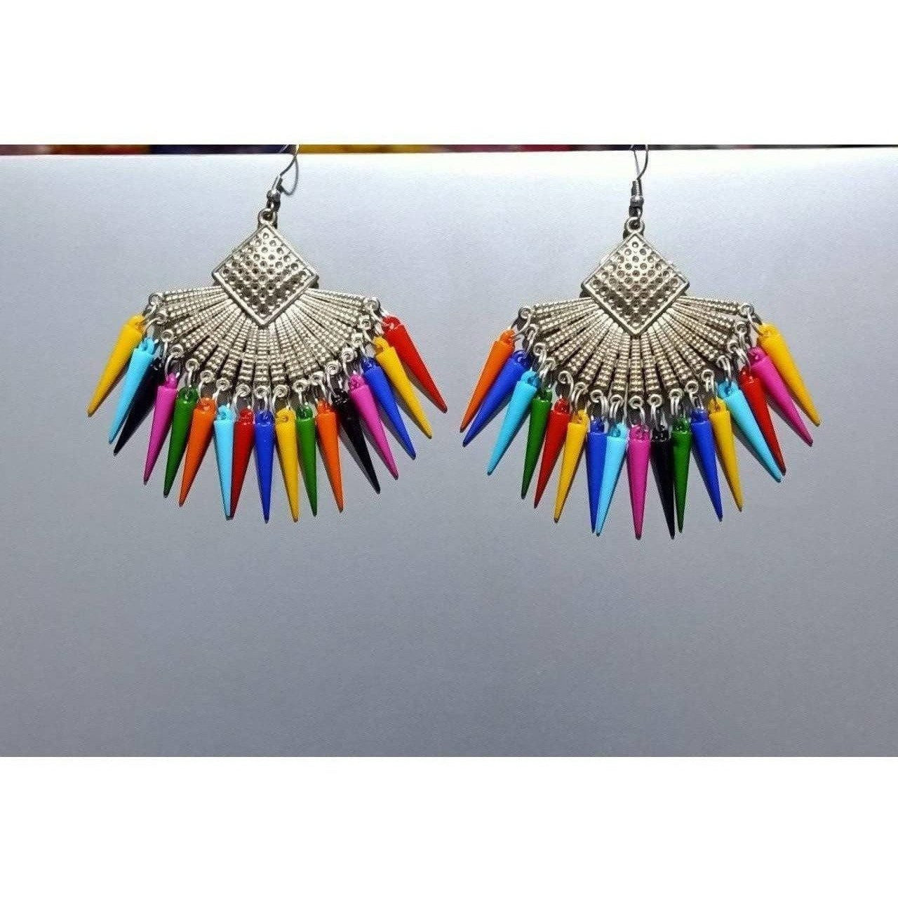 Stylish silver oxidized Chandbali earrings with colorful cone-shaped pearls
