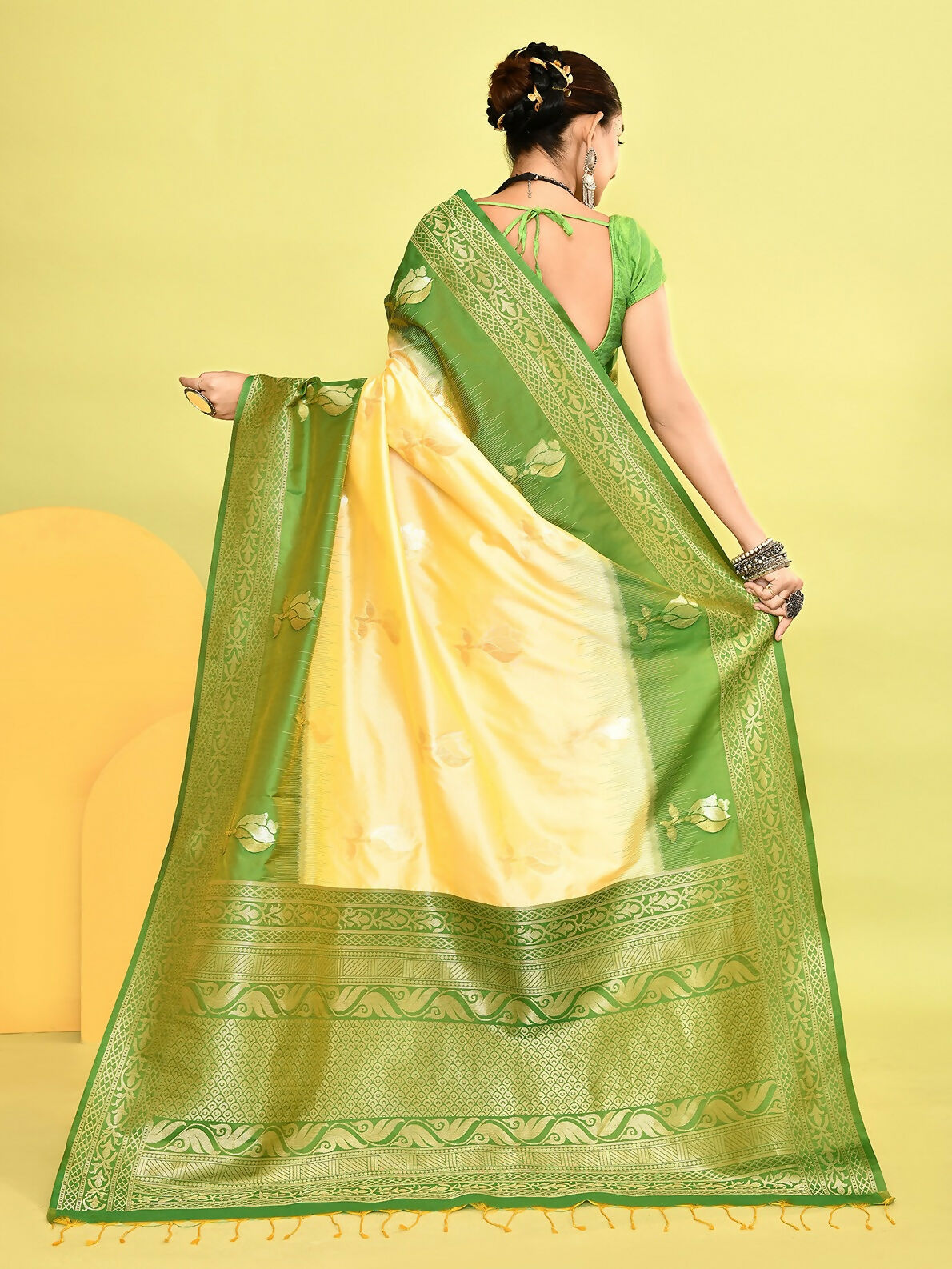 Light Yellow & Parrot Green Banarasi Silk Saree with Woven Border