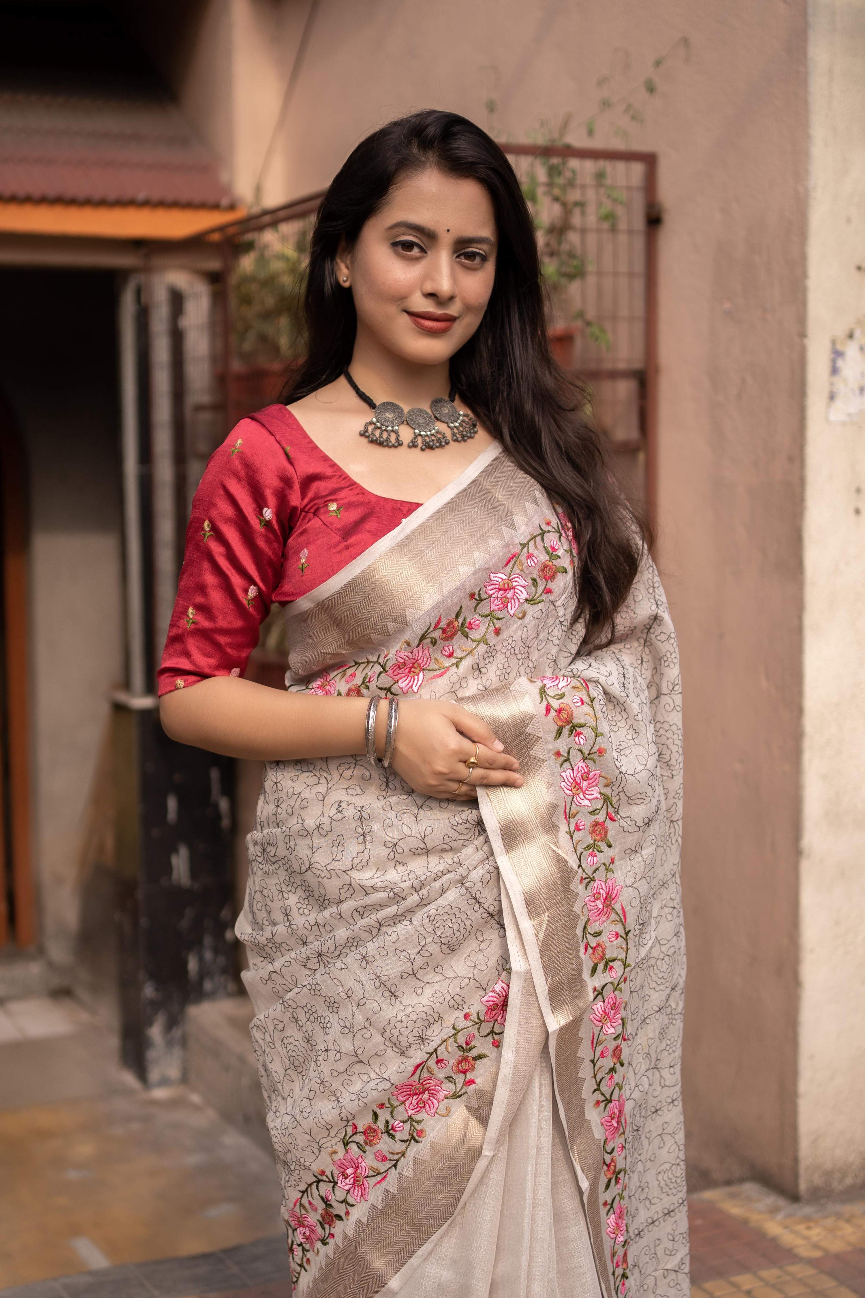 Grey Pure Linen Woven Saree with Floral Embroidery