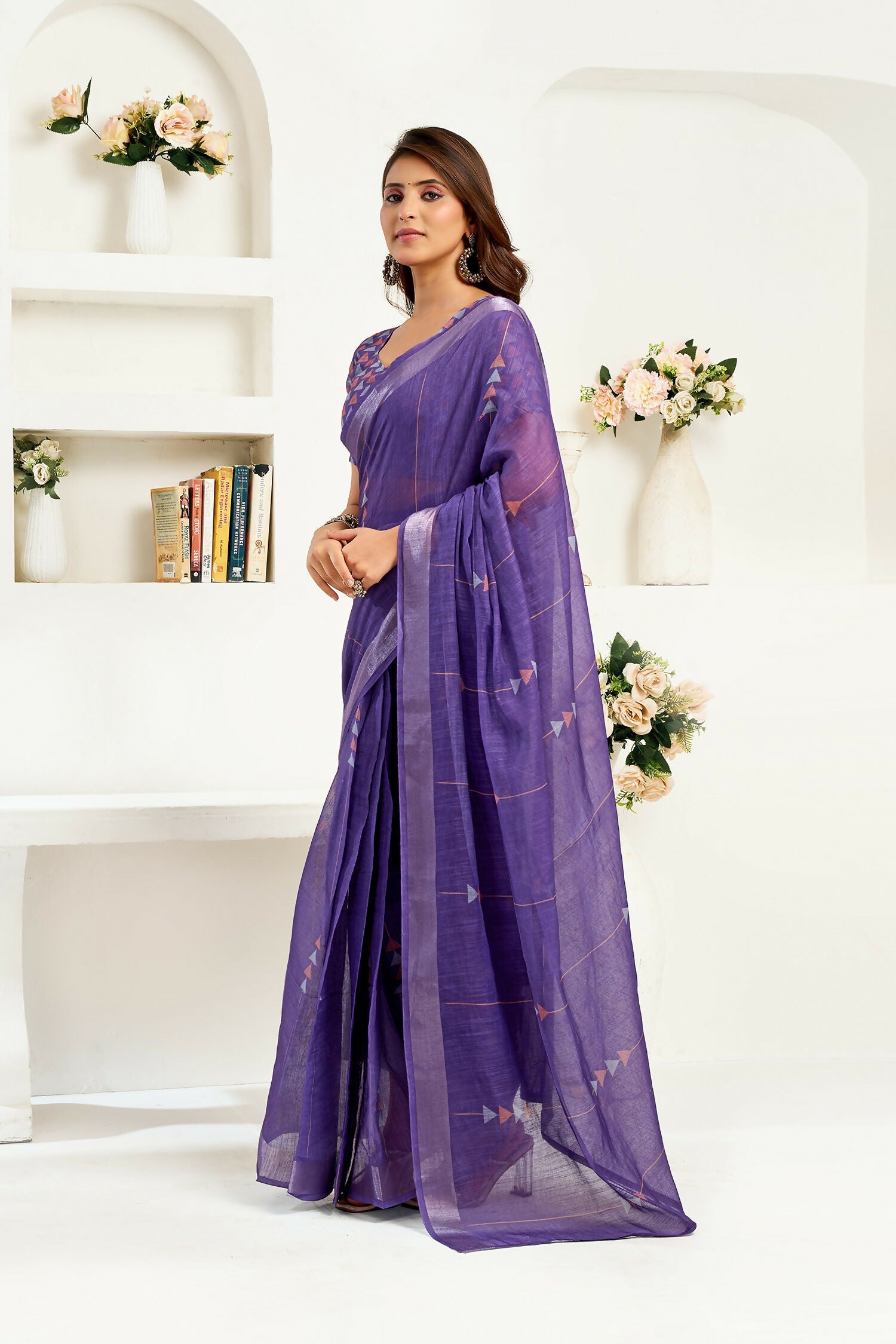 Purple Geometric Linen Ready-to-Wear Saree with Unstitched Blouse