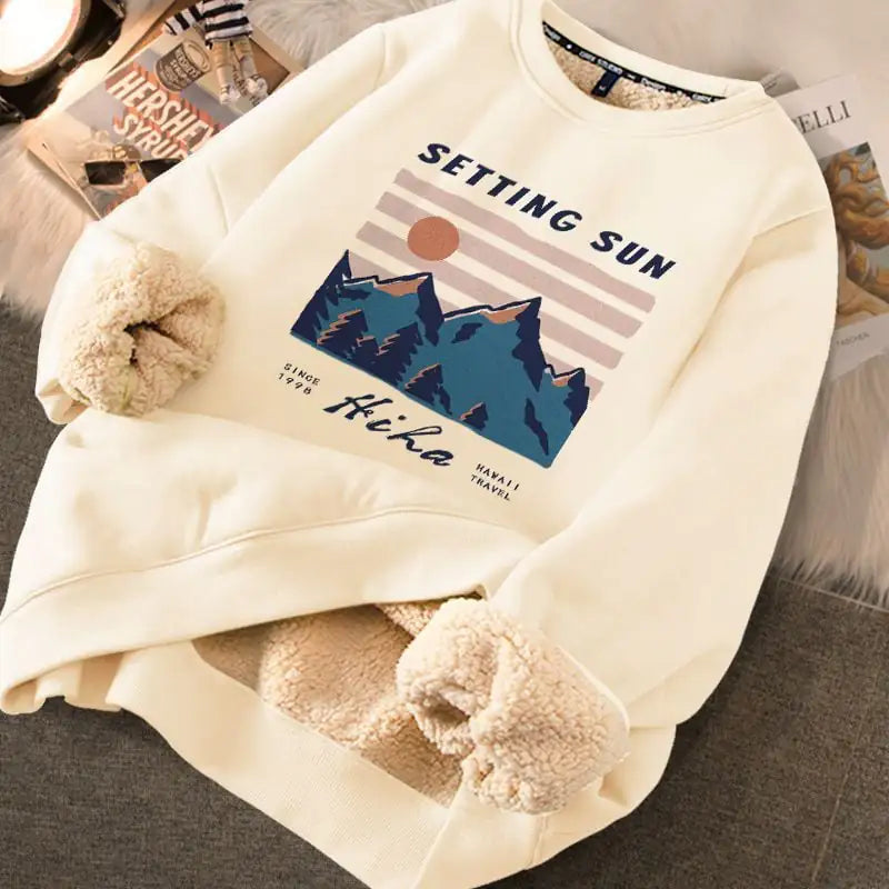 Women's Cream Fleece Lined Graphic Sweater with Cute Bear Print - Image 9