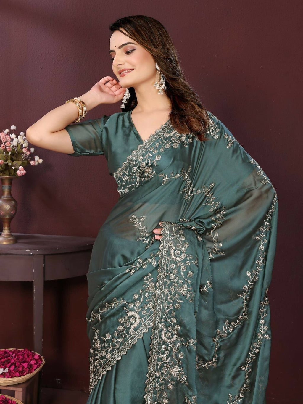 Grey Rangoli Silk Embroidery Party Wear Saree with Blouse Piece
