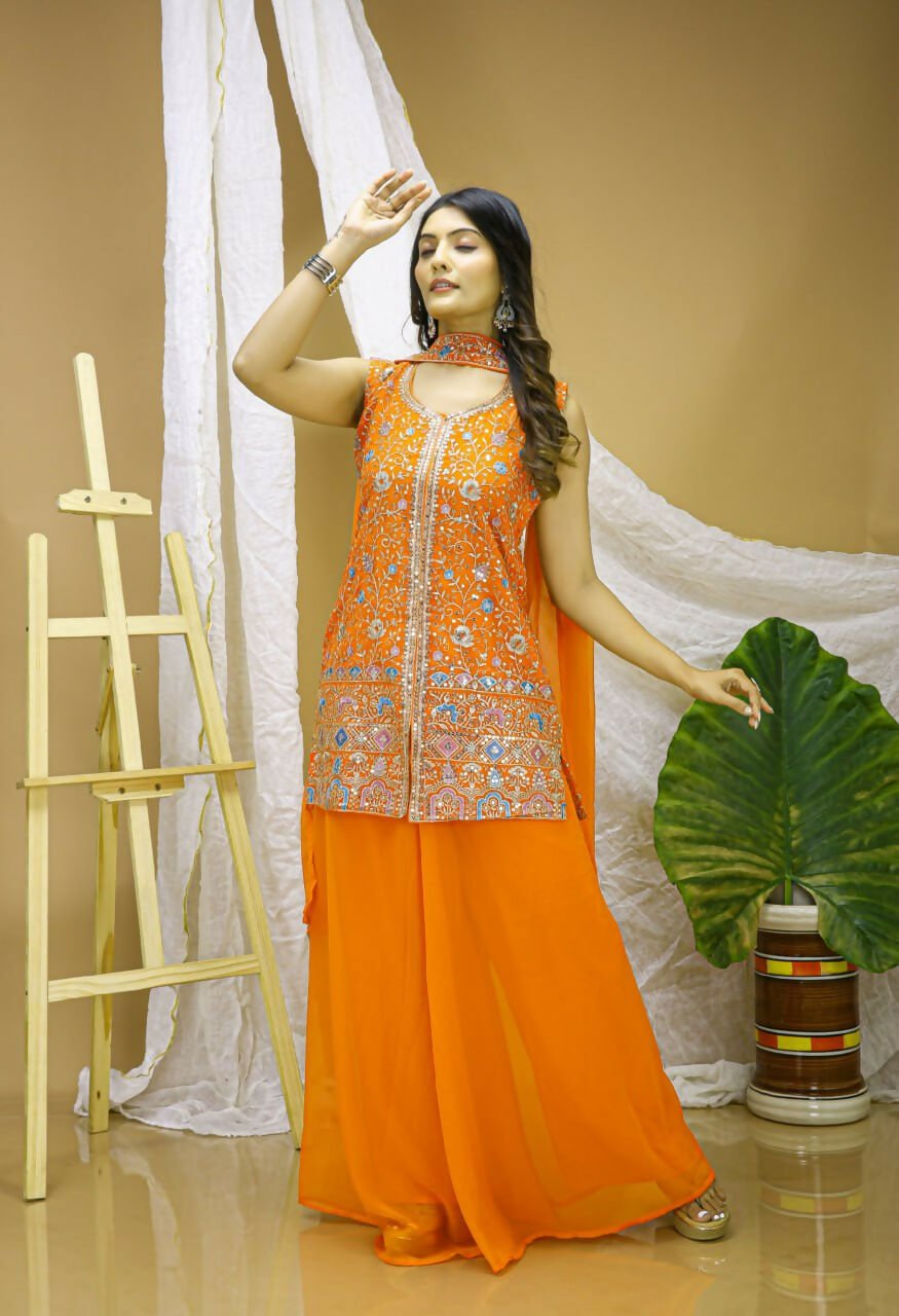 Orange Georgette Embroidered Sharara Set - Vibrant Festive Outfit