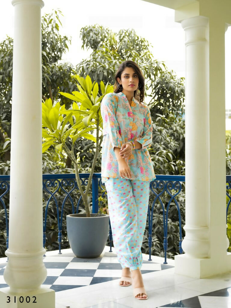 Multi & Sky Muslin Cotton Co-Ord Set - Manya Casual Two-Piece