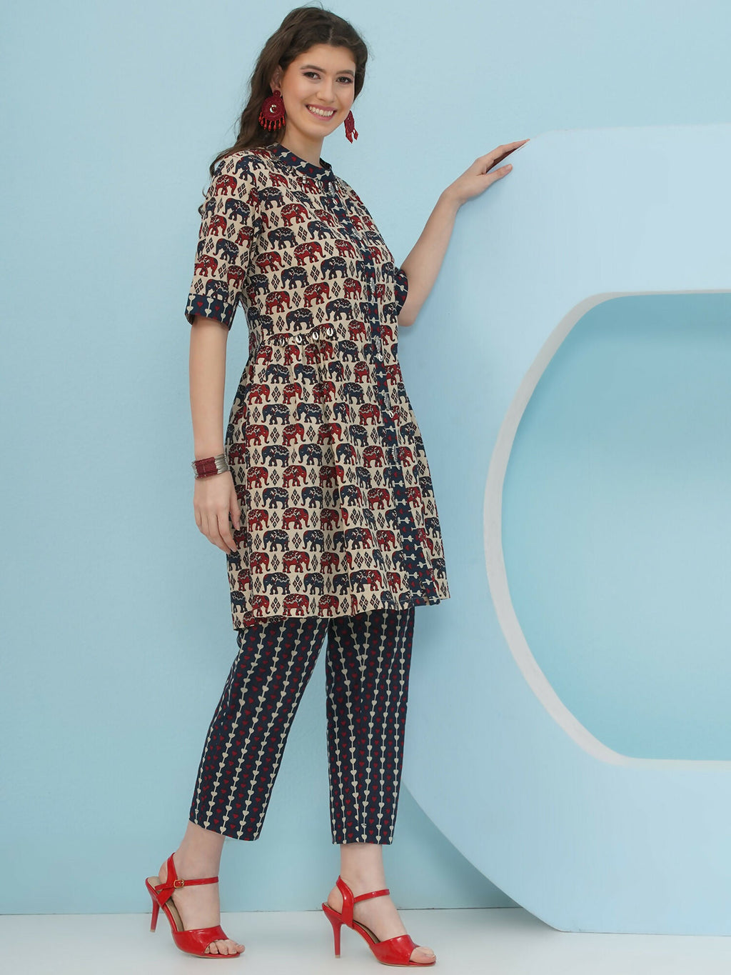 Beige Elephant Printed Cotton Co-Ord Set for Women