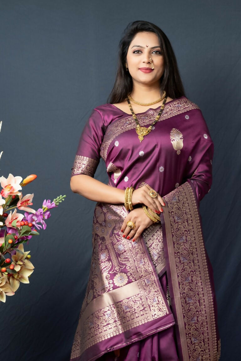 Wine Paithani Silk Saree with Zari Woven Border and Blouse