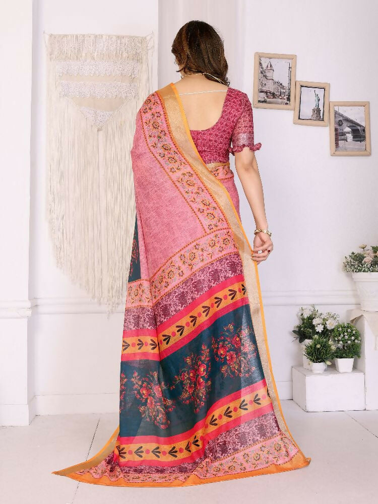Orange Handloom Linen Cotton Zari Saree with Border