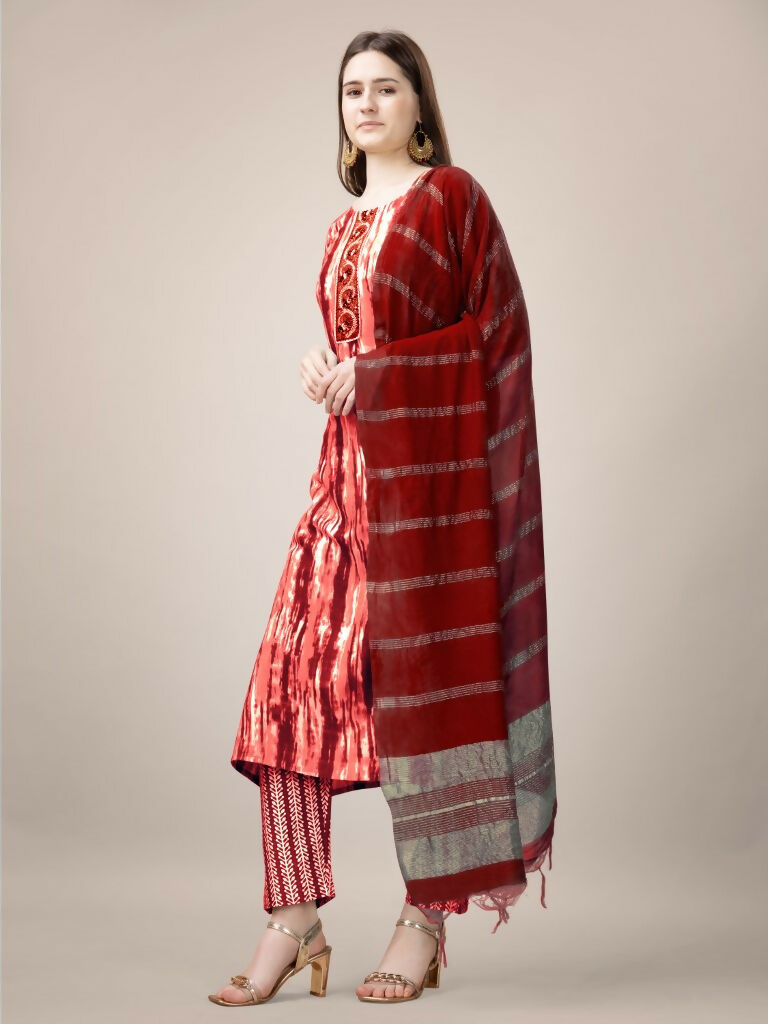 Women's Orange Rayon Printed Kurta Set with Embroidery and Dupatta