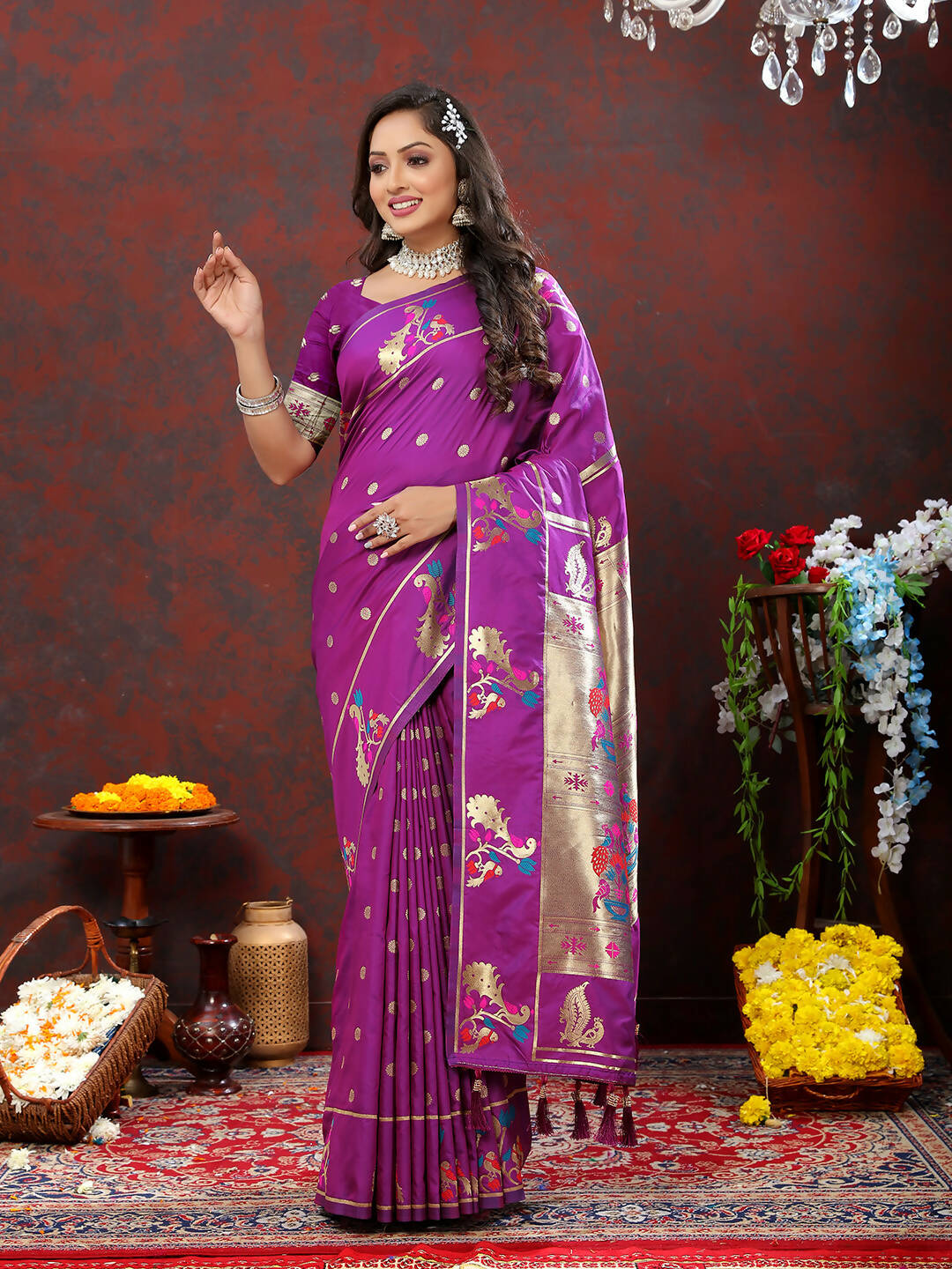 Wine colored Soft Paithani Silk saree featuring intricate gold zari and Meenakari weaving