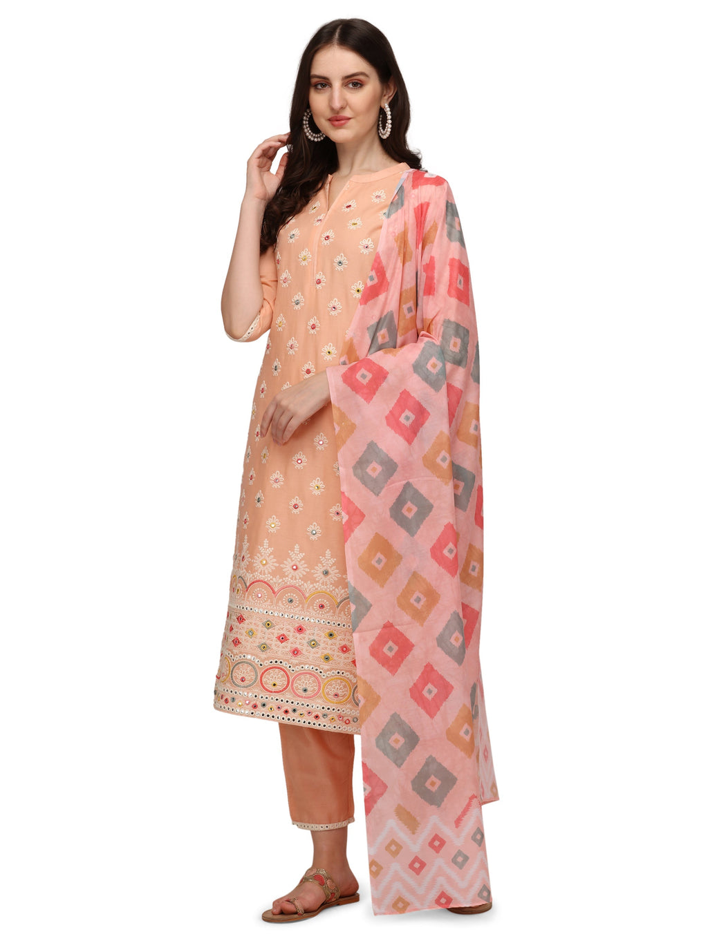 Multicolor Lucknawi embroidered kurta set with matching pants and dupatta in Rayon fabric