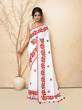 Draped Joban Fashion white and red cotton applic saree featuring detailed artisan fabric work.
