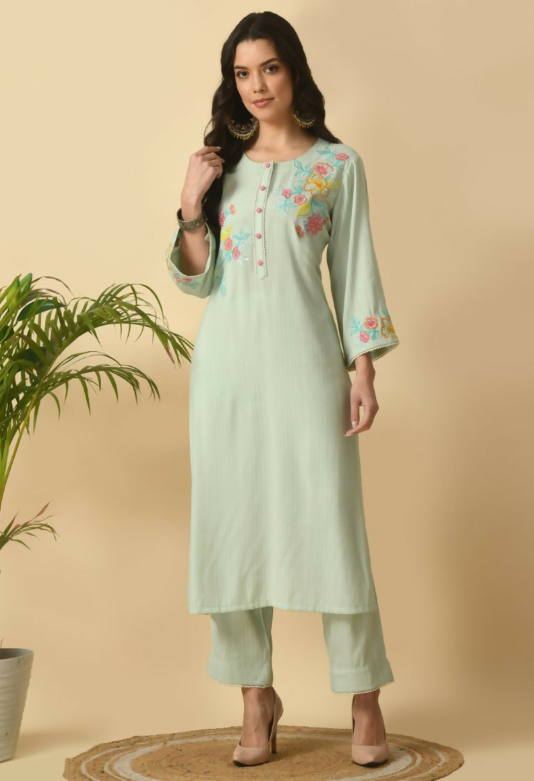 Light green cotton rayon kurta set with coordinated bottom piece