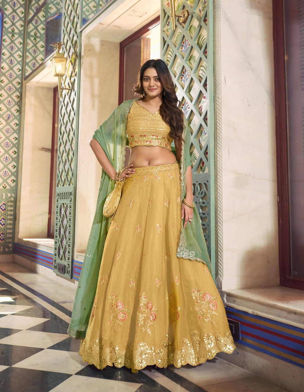 Yellow NC Moss Silk Lehenga Choli with Sequins and Embroidery