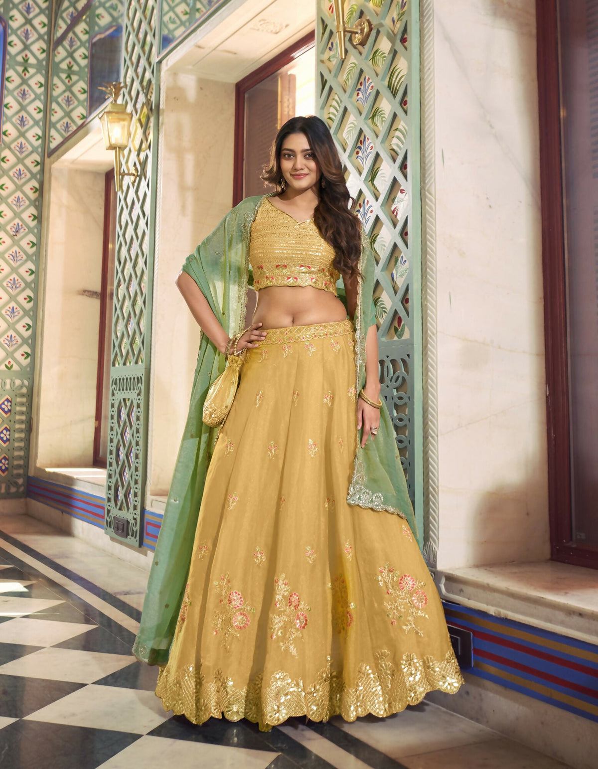 Yellow NC Moss Silk Lehenga Choli with Sequins and Embroidery