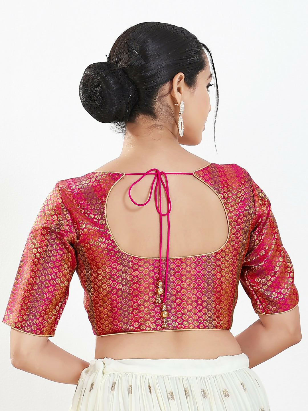 Pink Brocade Sweetheart Neck Padded Blouse with Elbow Sleeves
