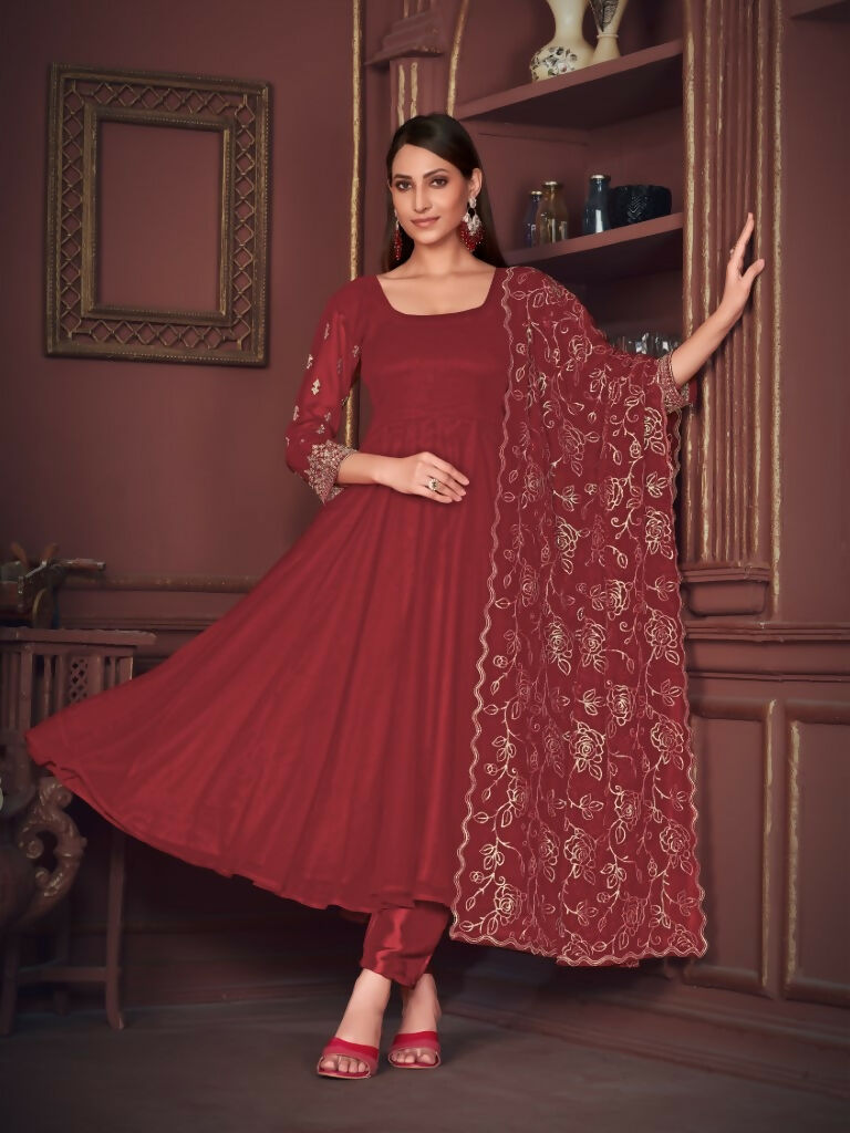 Women's Maroon Georgette Embroidered Anarkali Kurta Pant Set