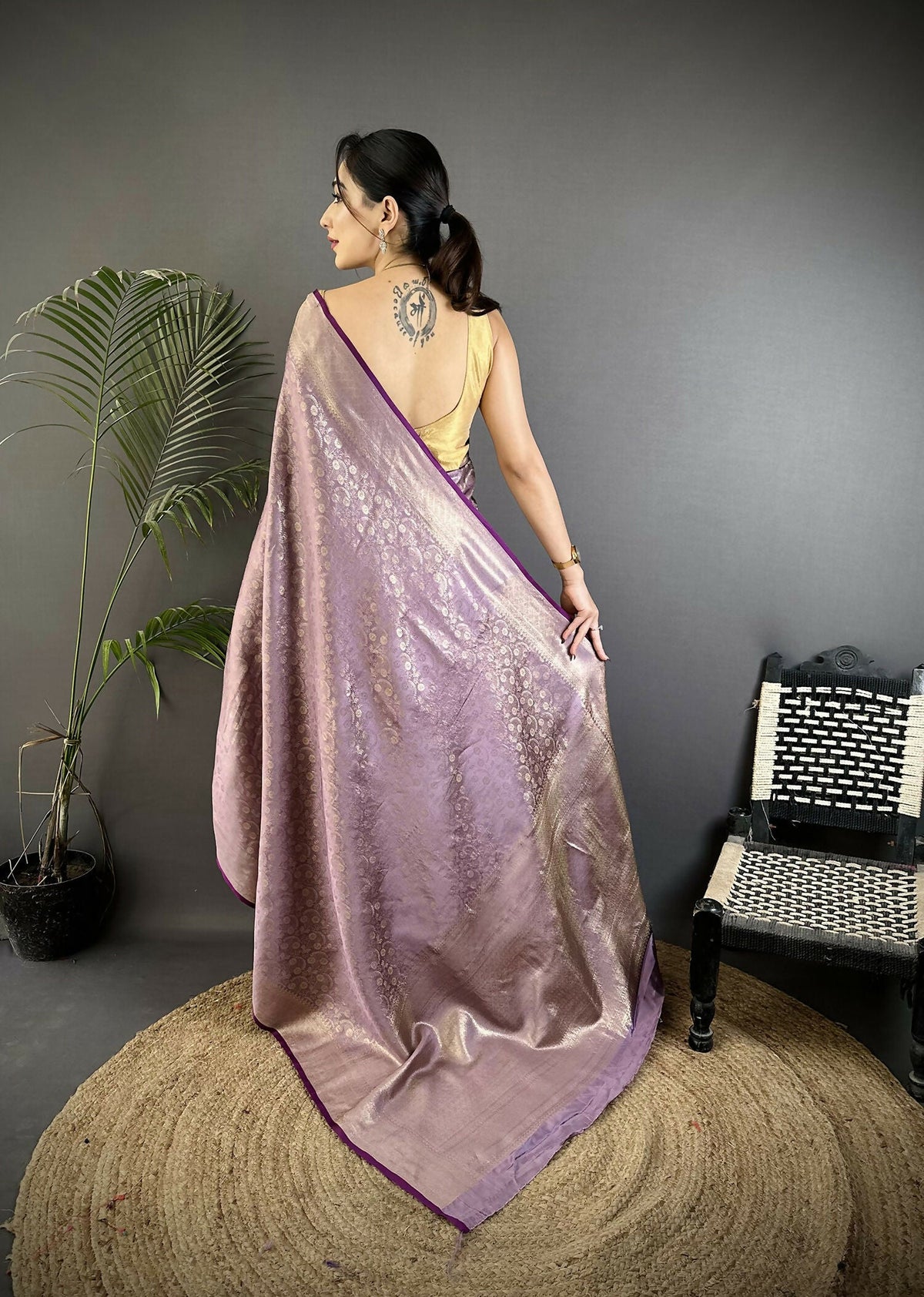 Lavender Floral & Paisley Motif Soft Satin Silk Banarasi Saree
