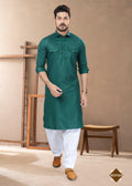 Men's green heavy cotton straight kurta with collar neck and matching pyjama pants.