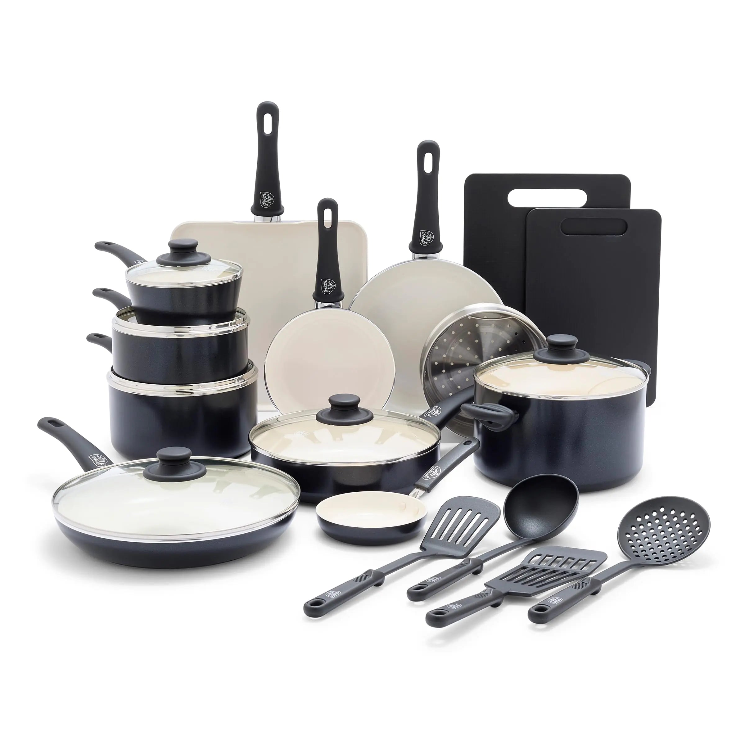 GreenLife Soft Grip Healthy Ceramic Nonstick 23 Piece Kitchen Cookware Pots and Frying Sauce Saute Pans Set with Kitchen Utensils PFAS-Free Dishwasher Safe Black