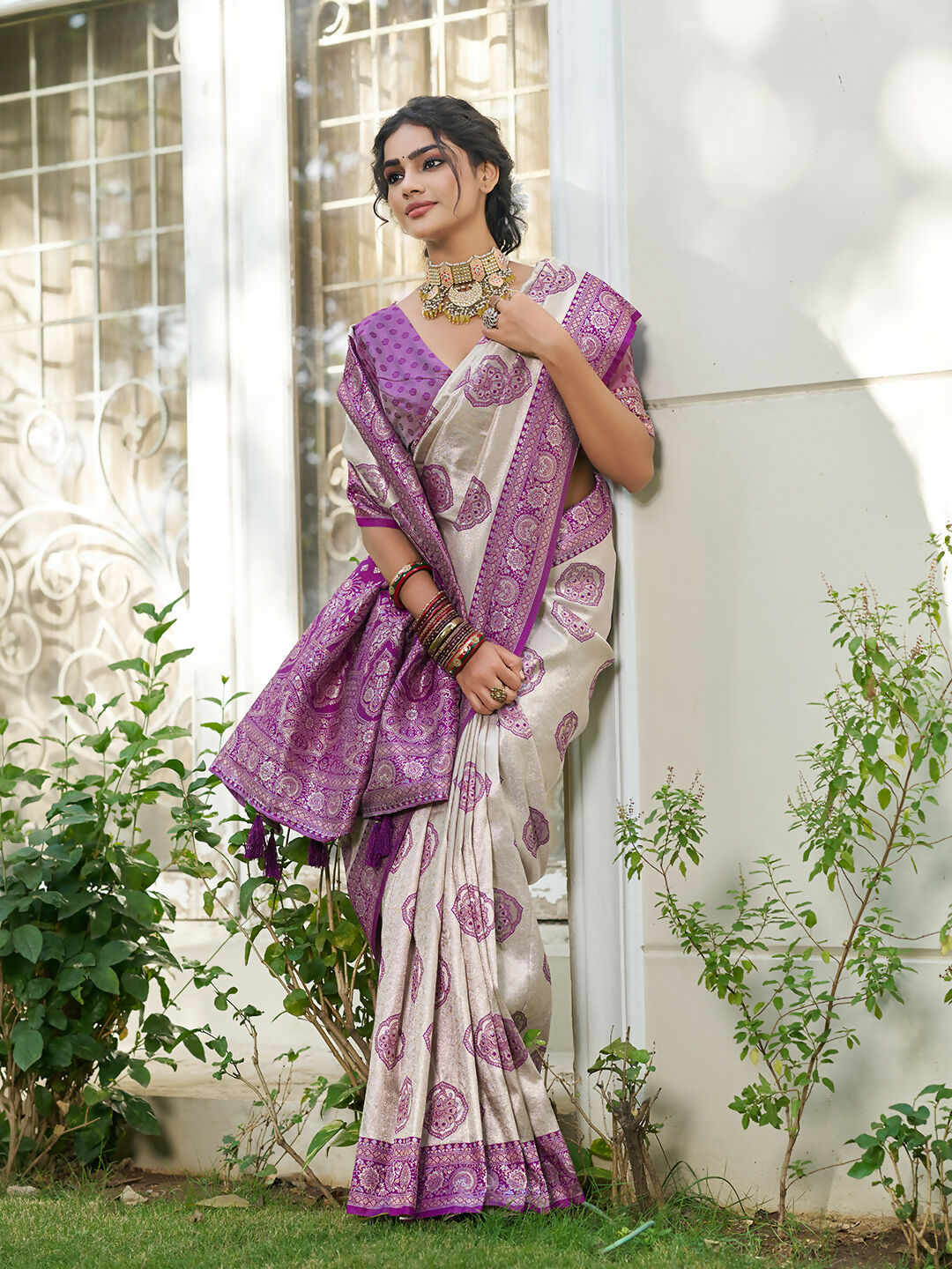 Cream and Purple Silk Blend Saree Elegant Traditional Style