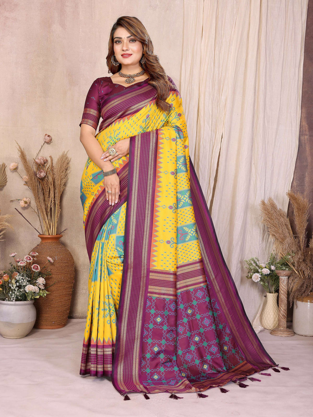 Vibrant Yellow Soft Silk saree with elegant woven patterns