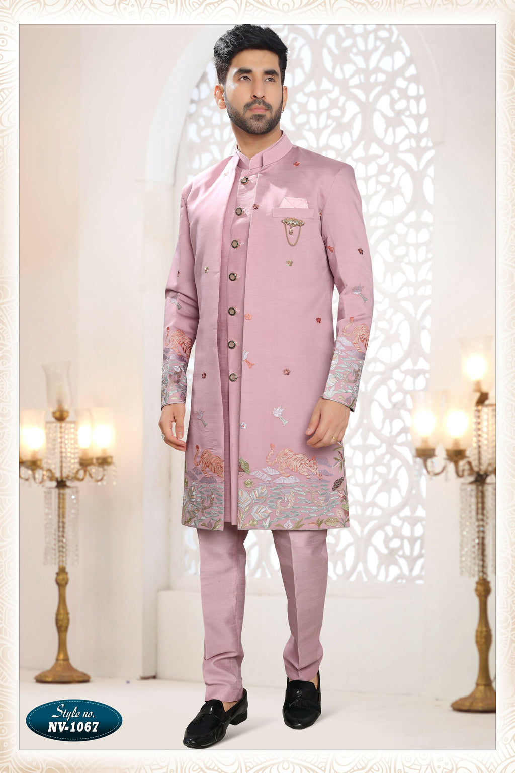 Men's pink silk straight kurta set with all-over thread and sequence embroidery