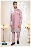 Men's pink silk straight kurta set with all-over thread and sequence embroidery