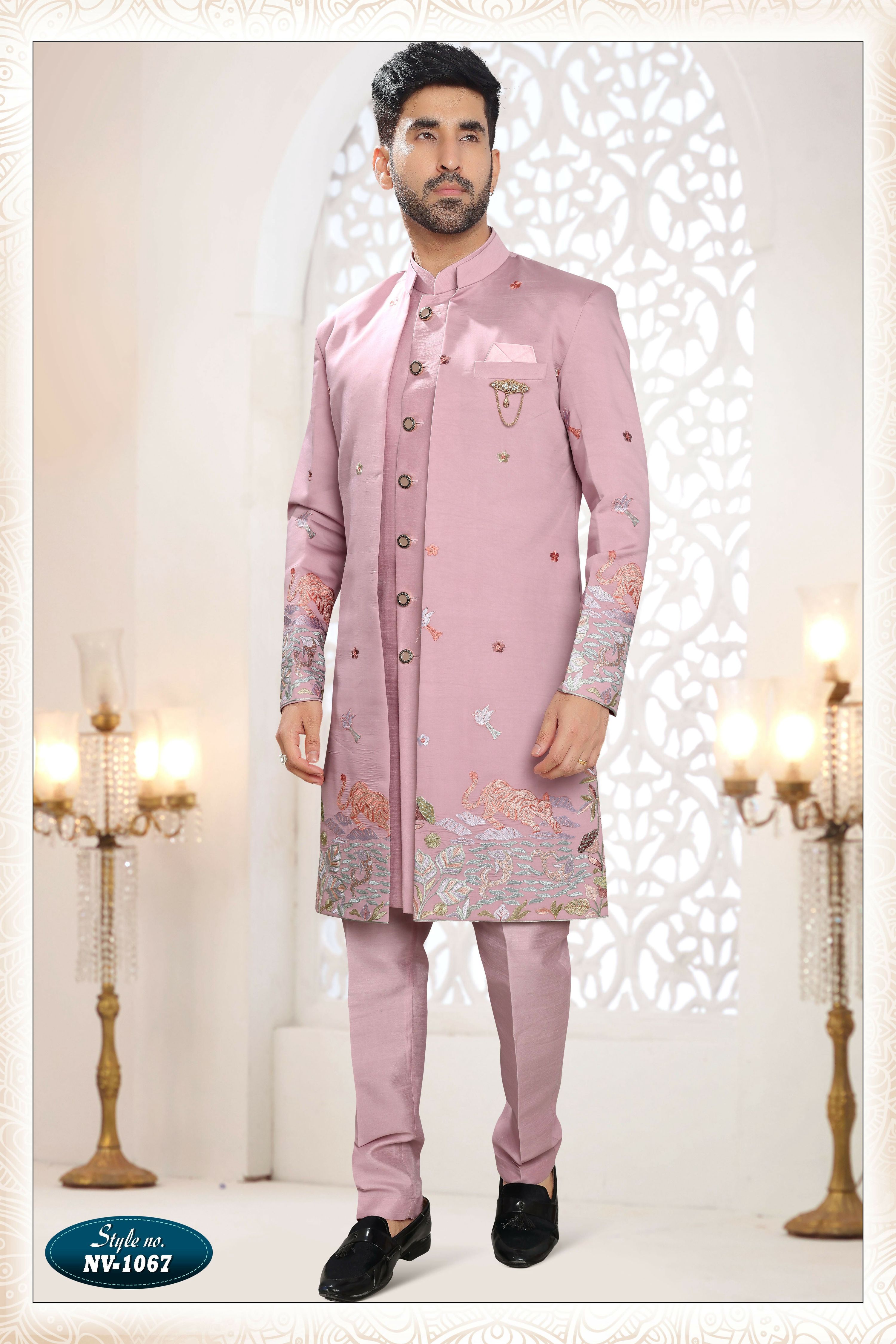 Men's pink silk straight kurta set with all-over thread and sequence embroidery