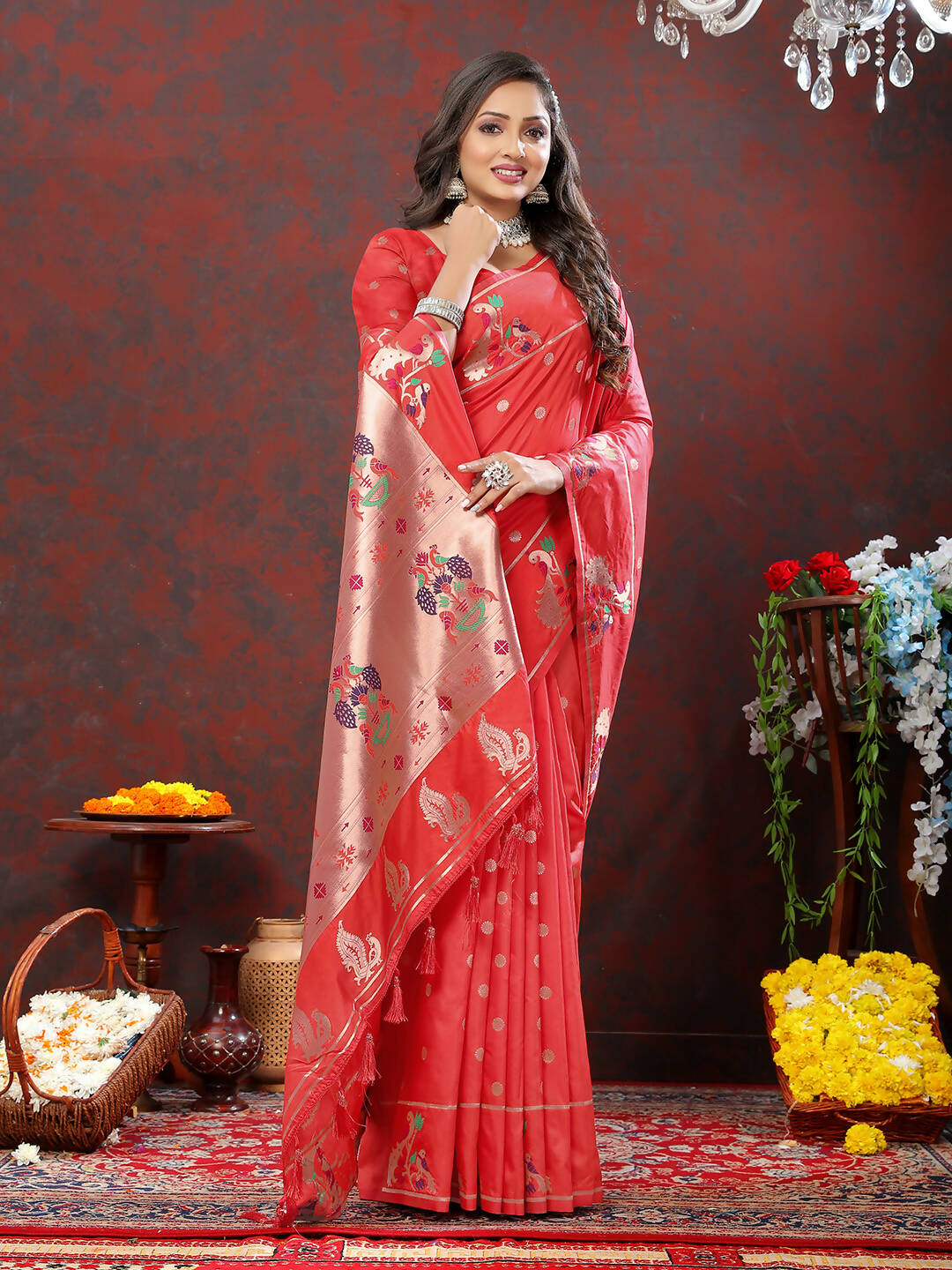 Red Soft Paithani Silk Saree with Copper Zari Meenakari