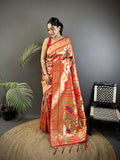 Reddish Pink soft silk Paithani saree with intricate floral and leaf pattern