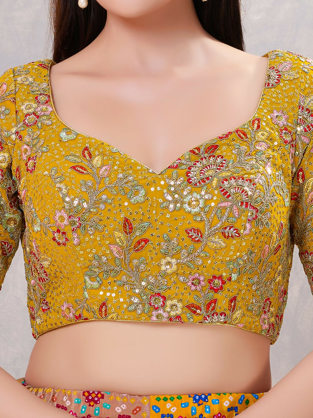 Mustard Silk Stitched Blouse with Sweetheart Neckline