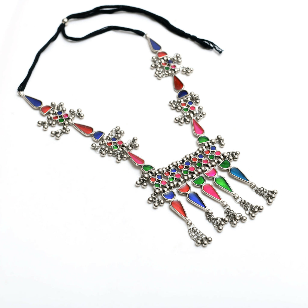 Oxidised Silver-Plated Multi-Color Meenakari Long Necklace