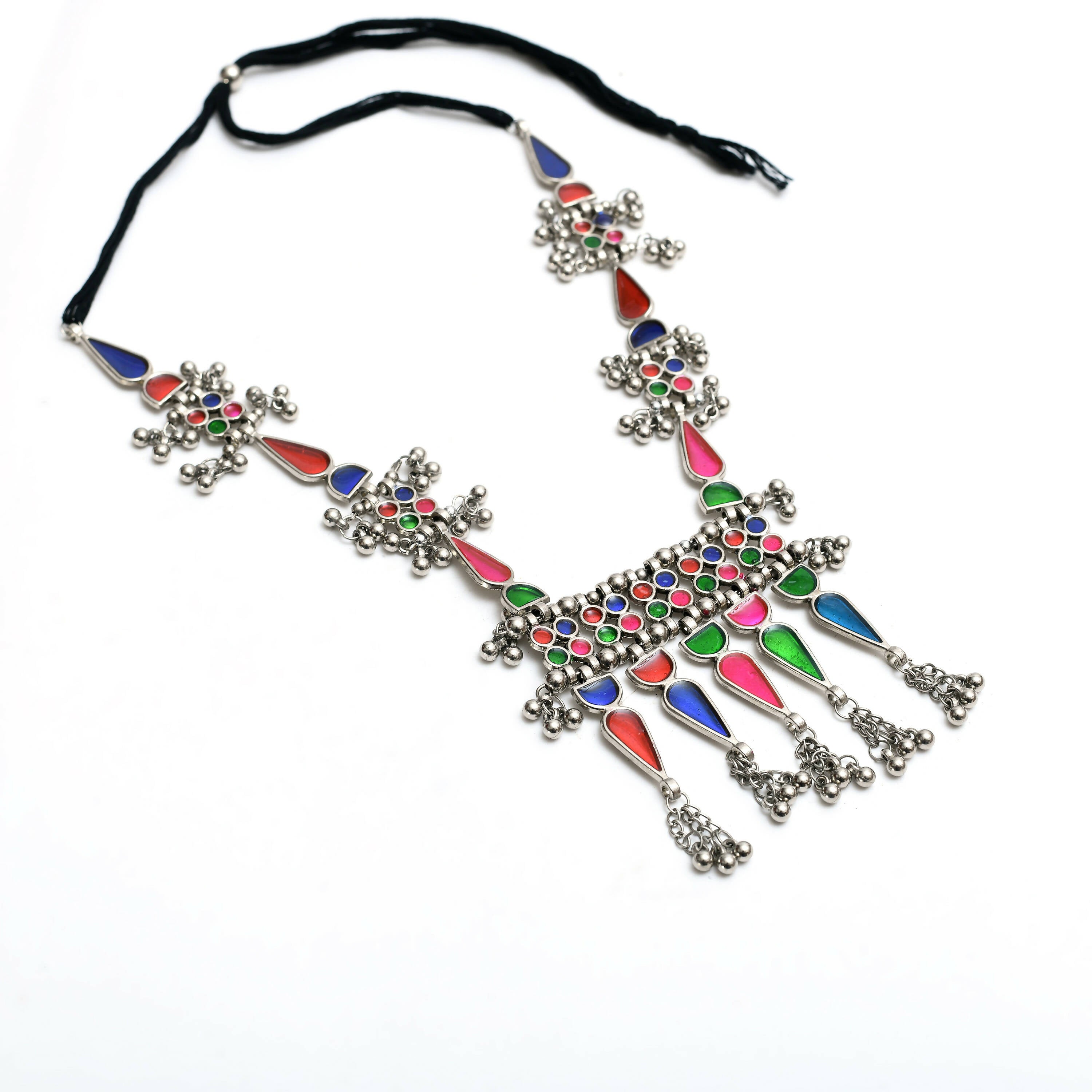Oxidised Silver-Plated Multi-Color Meenakari Long Necklace
