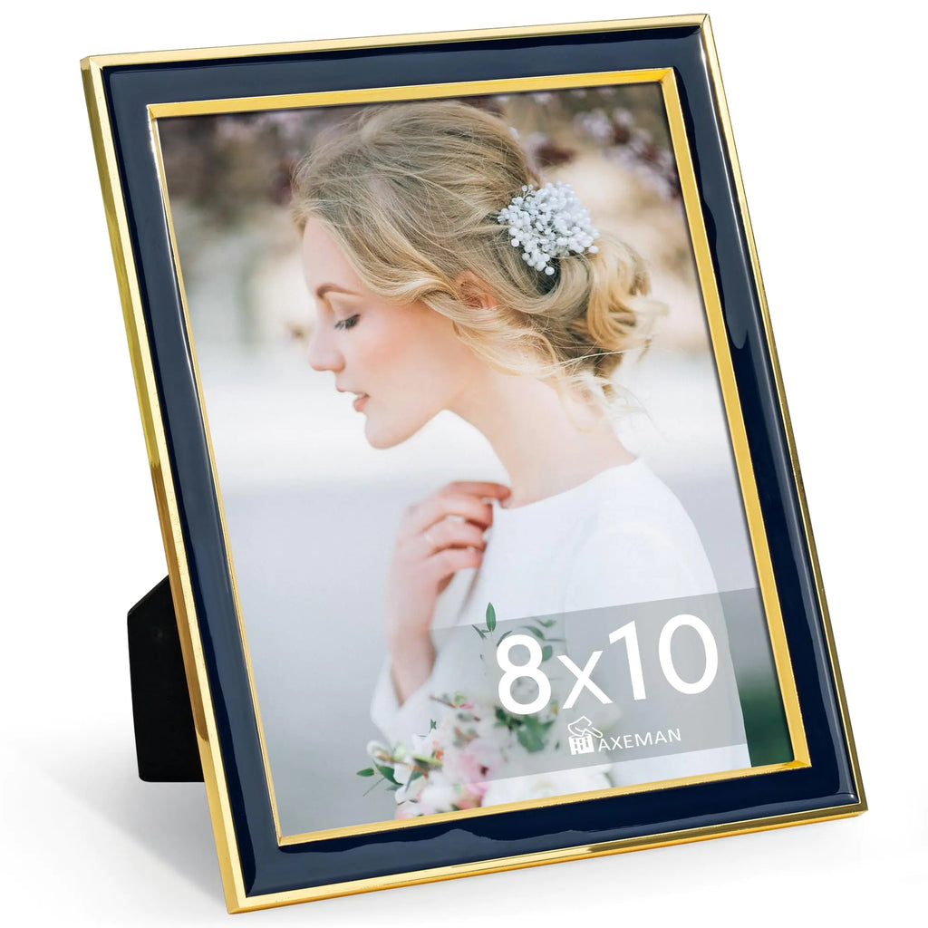 Axeman 8x10 Picture Frames Navy Blue Enamel with Gold Metal Edge and Real Glass Wall Mounted or Tabletop Display for Shelf Desk & Countertop Decor