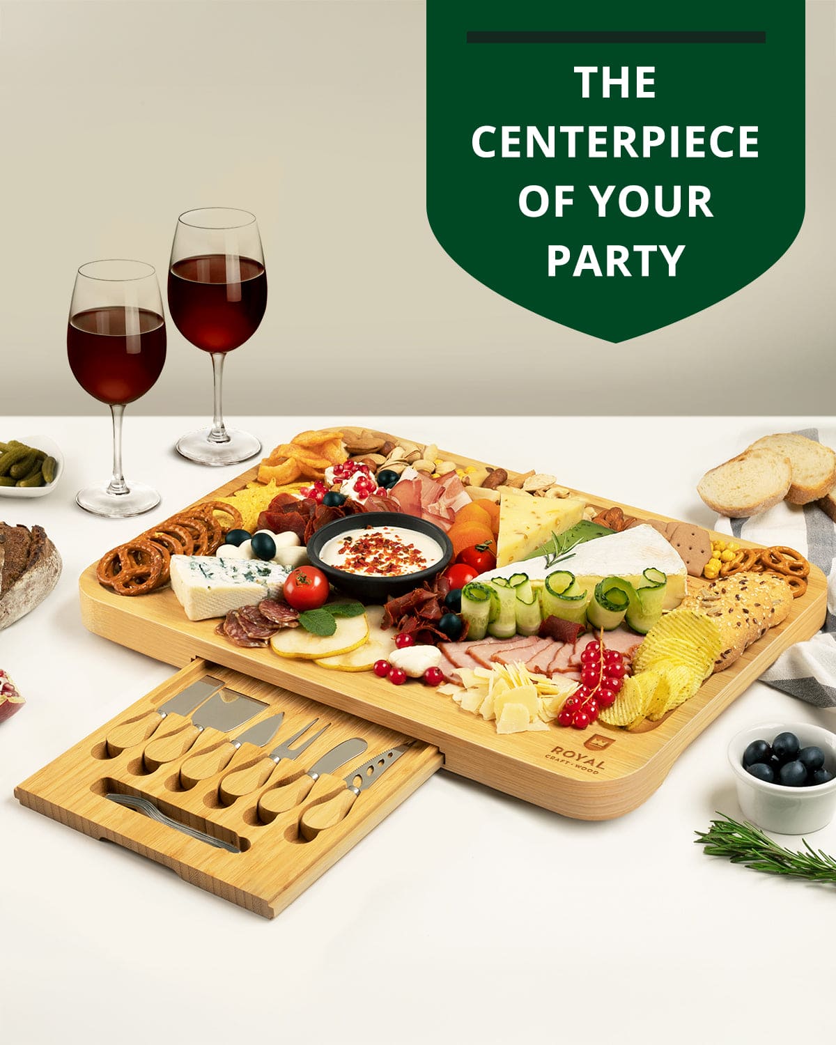XXL Bamboo Cheese Board with Integrated Cutlery Serving Set - Image 3