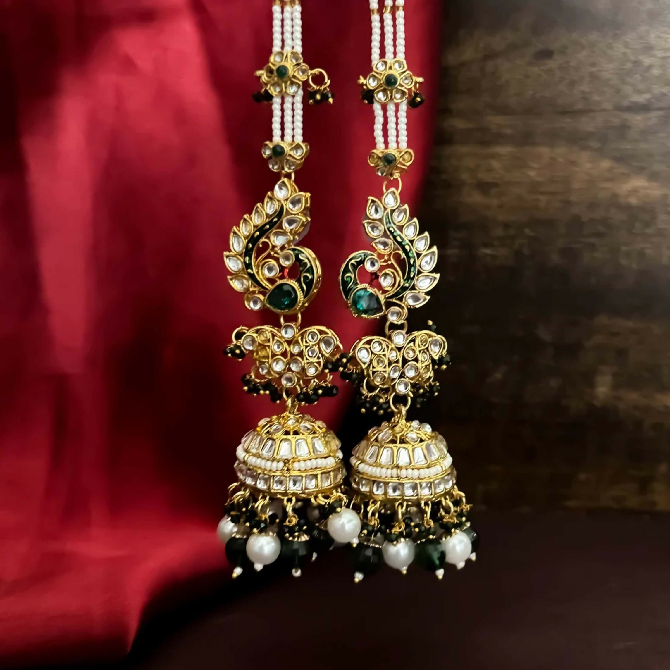 Manya Royal Green Jhumka earrings with ornate Sahara earchains on a neutral background