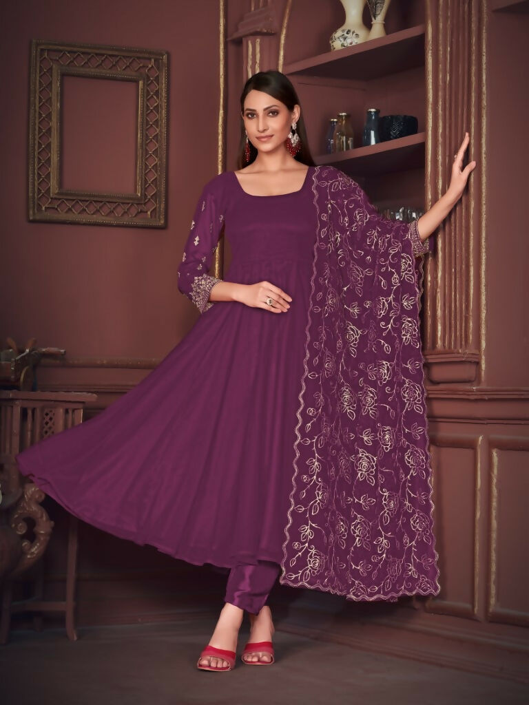 Women's Purple Georgette Embroidered Anarkali Kurta Pant Set