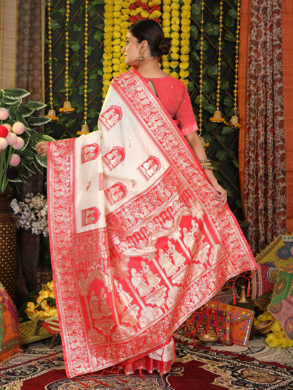 Elegant White Silk Saree with Contrast Red Blouse for Parties
