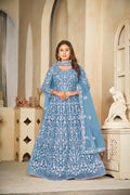 Sky blue embroidered net anarkali kurta pant set with matching dupatta