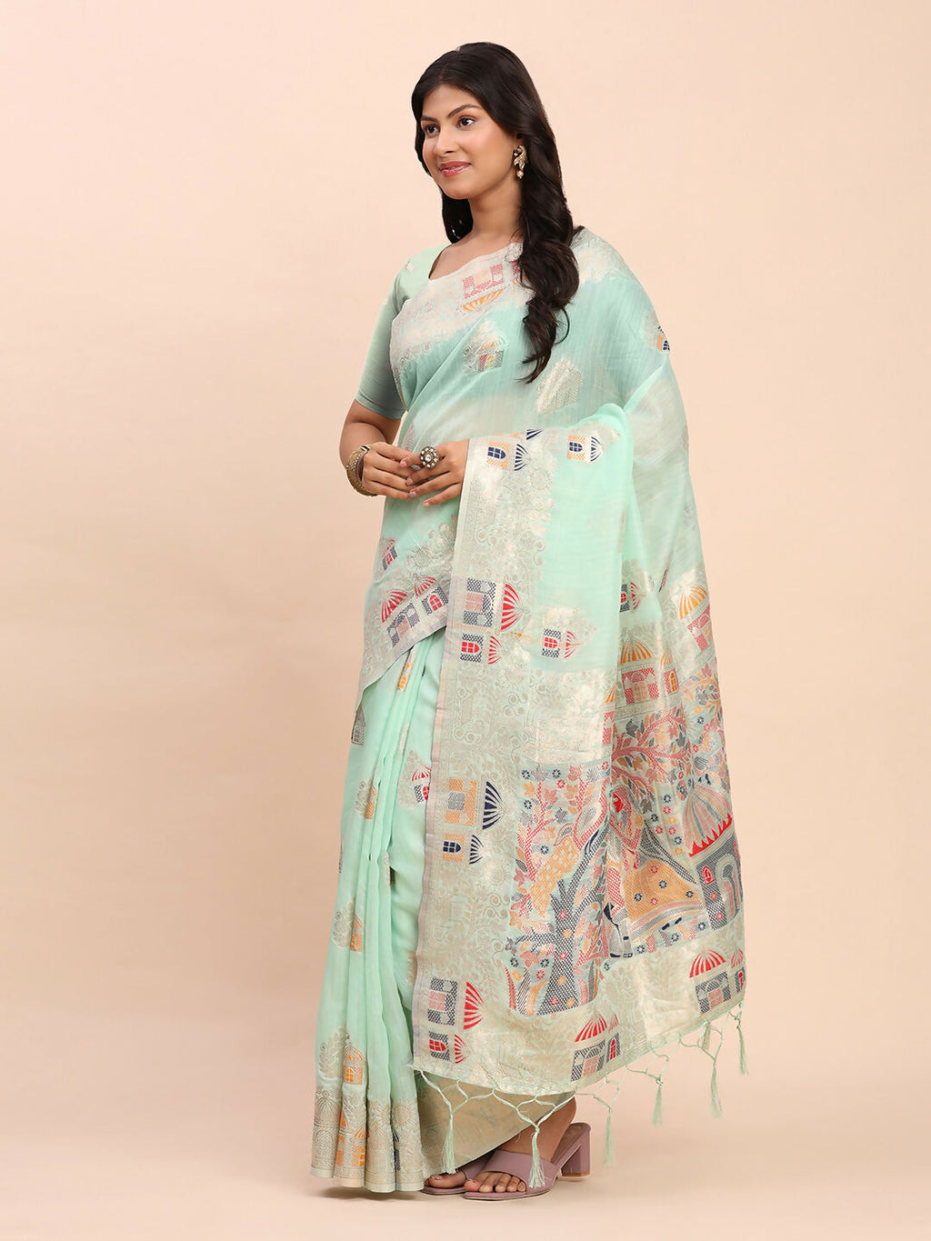 Sea Green Linen Cotton Saree with Matching Blouse Piece