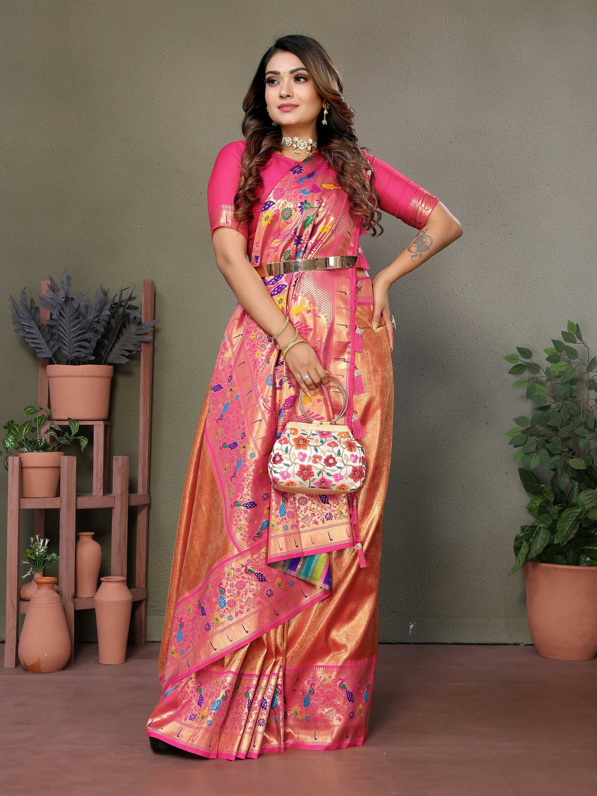 Orange Tissue Silk Paithani Woven Saree with Contrast Pink Blouse