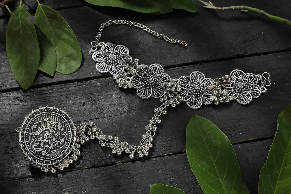 Oxidised Silver-Plated Floral Design Bracelet for Women