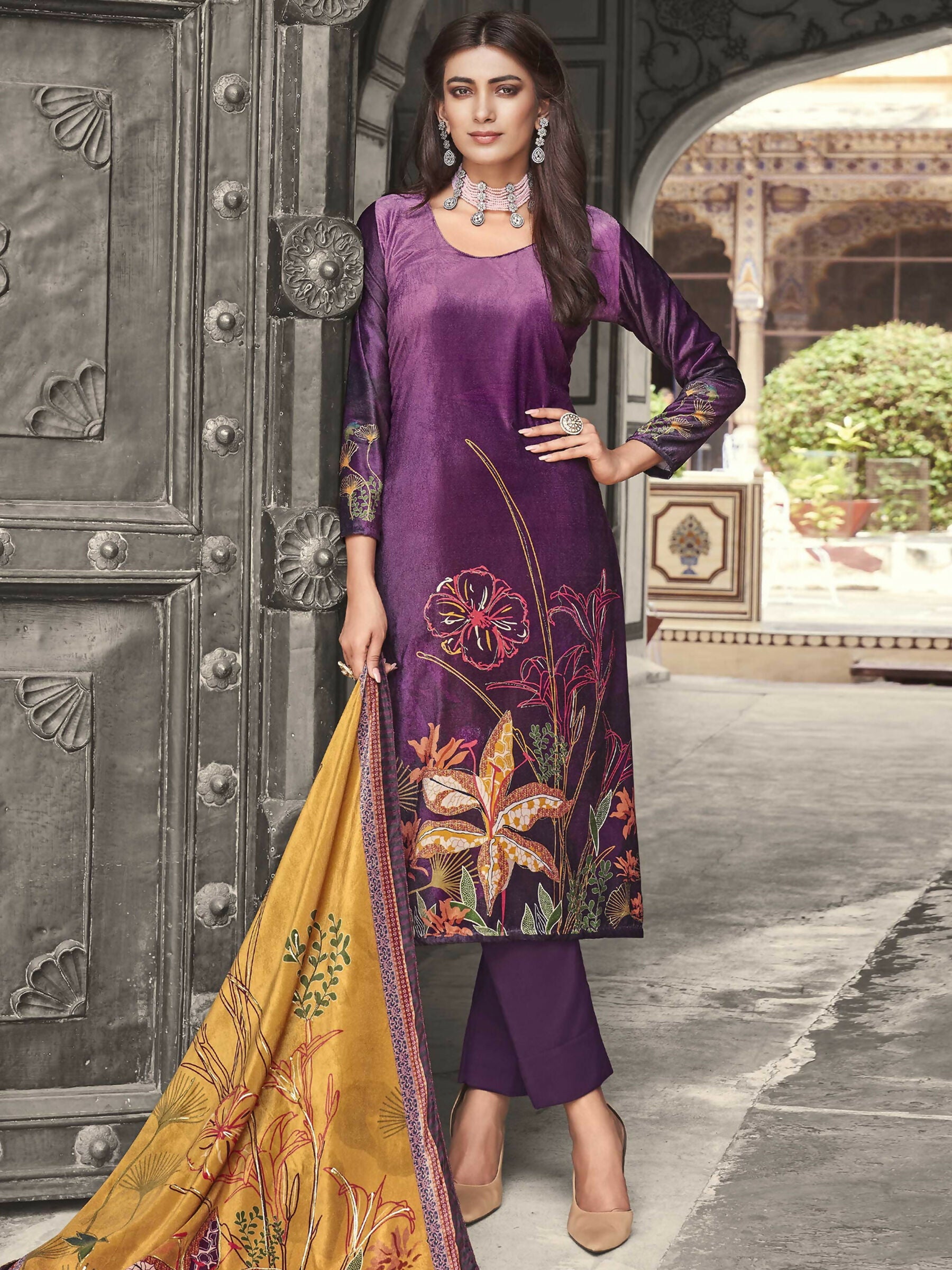 Purple Velvet Floral Digital Printed Kurta with Palazzo Set